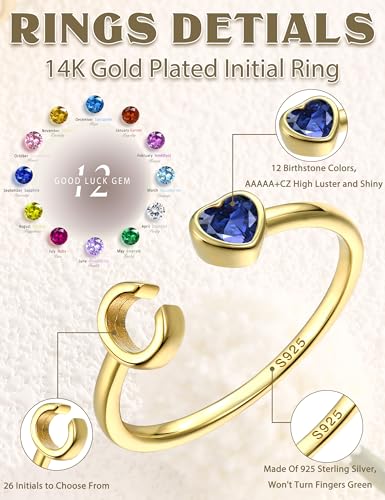 FIBO STEEL Initial Birthstone Rings for Women - 14K Gold Plated 925 Sterling Silver Rings - Stackable Dainty Gold Initial Ring Heart Cubic Zirconia Letter Ring Birthday Birthstone Jewelry Gift for Mother Wife Daughter Adjustable4
