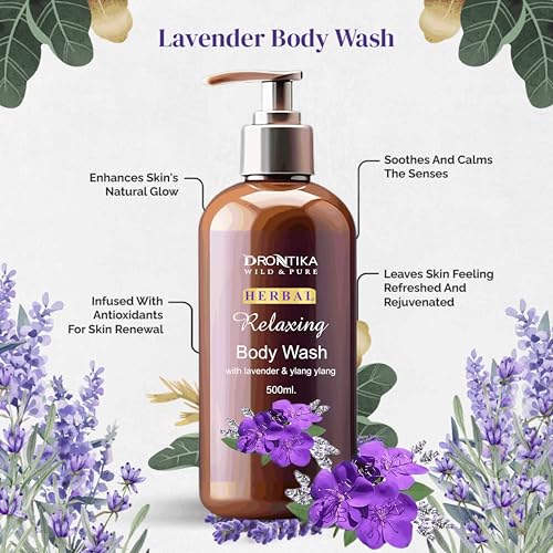 Image of Drontika Wild & Pure Body Wash For Women & Men, 500Ml Shower Gel Single Pump Bottle, 100% Natural Ylang Ylang Essential Oil & Lavender For A Soft And Smooth Skin, Ph Balanced Bodywash