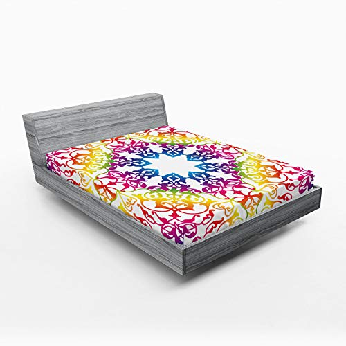 Ambesonne Ethnic Fitted Sheet, Abstract Ombre Vivid Rainbow Colored Mandala Tie Dye Effect Flower Kids Hippie Print, Bed Cover with All-Round Elastic Deep Pocket for Comfort, King Size, Purple Blue