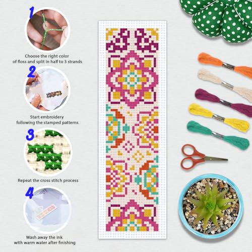 Image of BEUNITONE 6 Pcs Mandala Cross Stitch Bookmark Kits for Beginners DIY Stamped Embroidery Bookmark Kit Colorful Floral Punch Needle Set with Instructions Craft Kit for Book Lover Gifts 8''x2.4''
