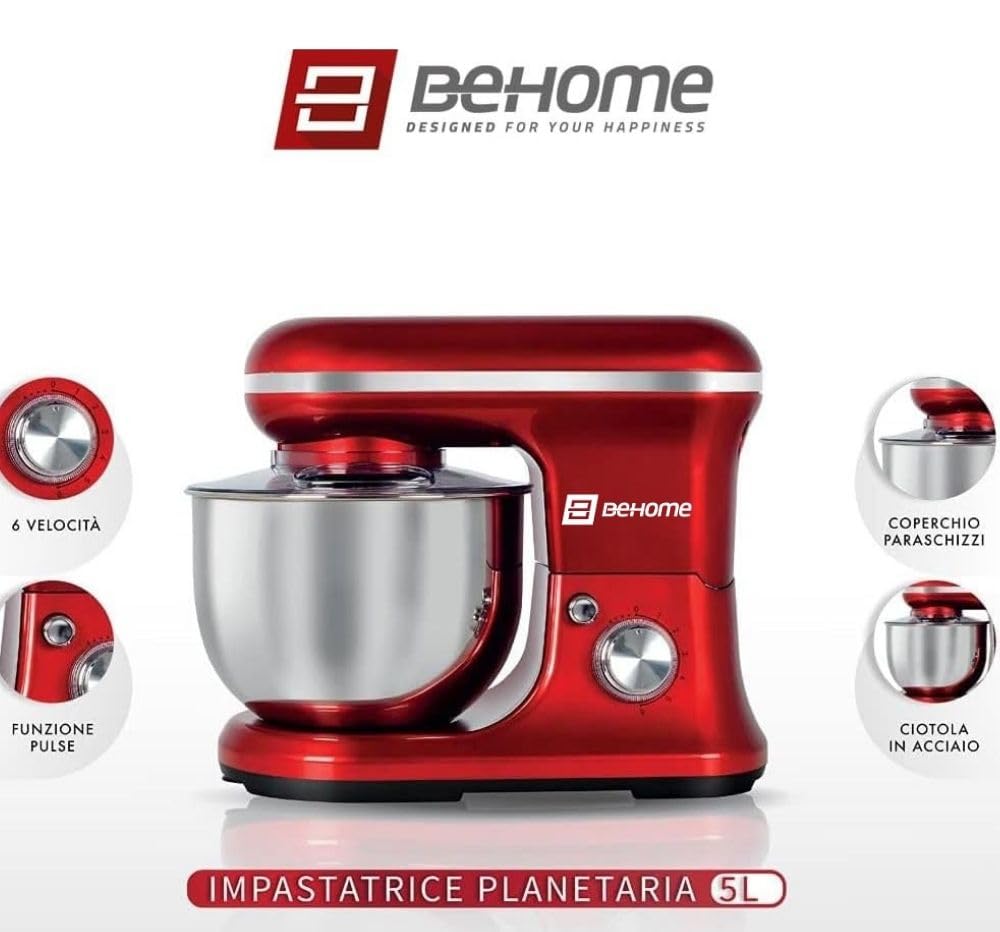 BEHOME Robot Patissier Professionnel 1200W avec Bol d'Acier Inoxydable 5L, 6+P Vitesses, 2 Fouets et 1 Crochet Pétrisseur (Rouge)