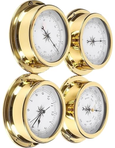 Weather Instruments Weather Set Station Set with Barometer, Thermometer, Hygrometer, and Clock - Marine Wall Hanging Design - Brass Case - Boat Accessory 4Pcs Weather Station Set, 5.7in Portable