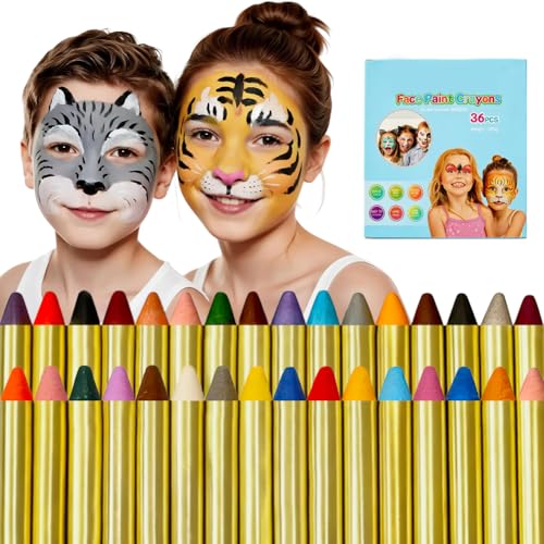 Beugo Pintura facial e corporal, 36 cores rayões de pintura facial crianças de segurança não tóxica, rayões de maquilhagem e 30 modelos, para crianças Halloween festas cosplay Páscoa
