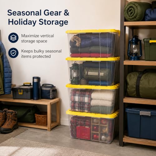 Image of 4-Pack 27Gal Clear Storage Bins with Lids, Heavy Stackable Totes, Yellow