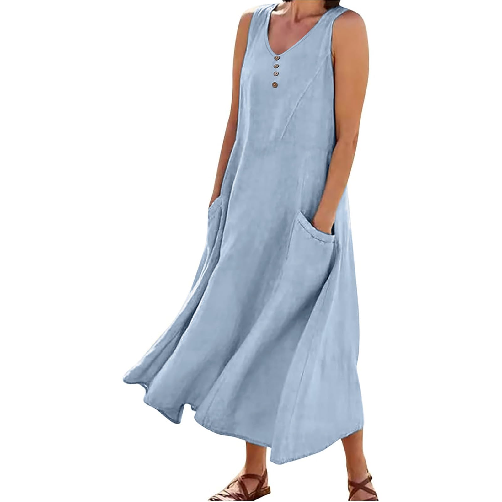 Women Cotton Linen Summer Dresses 2024 Trendy Maxi Dress Flowy Sleeveless Long Sundresses Boho Casual Vacation Clothes