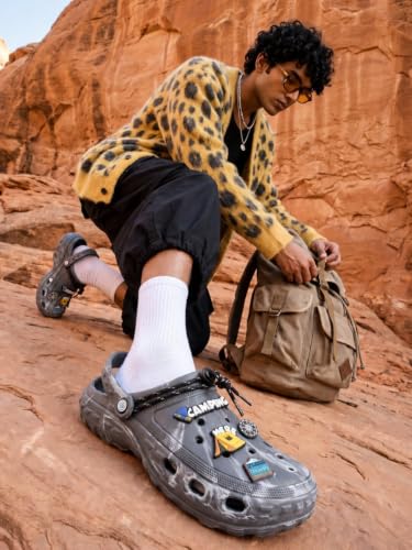 Image of Bacca Bucci x Discovery Camping Hero EVA Slides for Men, Marble Finish Clogs with Charms, Cushioned Lightweight Slip-On Sandals with Heel Strap