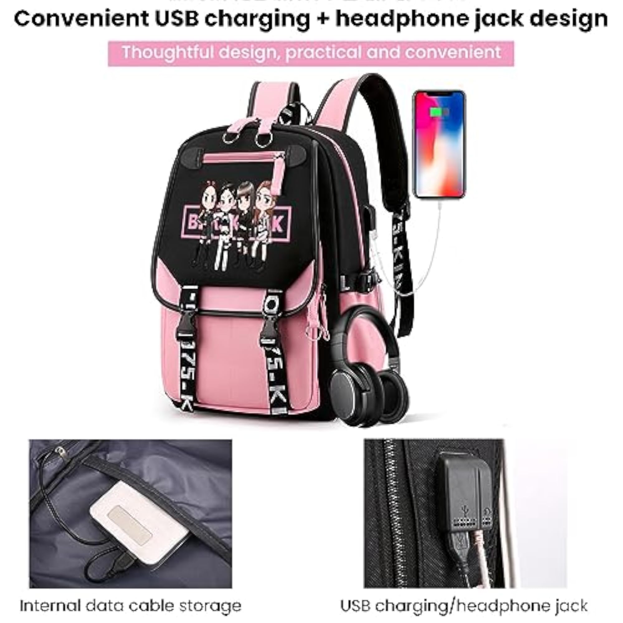 Black Pink Cute School Bag with USB Cable Jack
