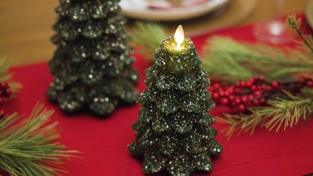 Image of Luminara Christmas Tree Flameless LED Candle, Dark Green 5.35 inch x 8.5 inch, Moving Flame Battery Operated Timer, Holiday Decor, Glitter Snow Finish Safe