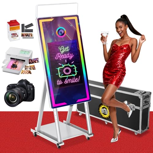 Mirror Photo Booth with Printer and Camera,40-22' Interactive DSLR Photo Booth with Flight Case,Instant Printing,Touch-Start,Square Fill Light RGB Light for Parties Christmas(White)