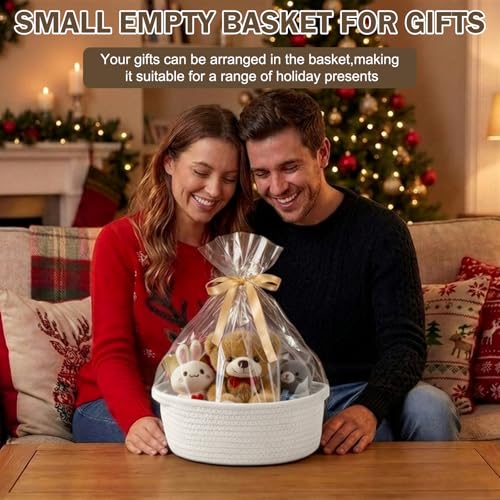 Image of Basket for Gifts Empty, Small Woven Basket with Bags and Ribbons, Baby Toy Baskets with Handles, Wicker Storage Bin for Baby Showers or Pet Toy (Pure White, 1 Pack (12 inchx 8 inchx 3.74 inch))