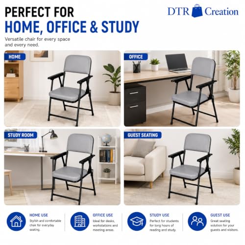 Image of Foldable Cushioned Chair with Armrests | Heavy Duty Metal Frame | Soft Padded Seat & Backrest | Space Saving Folding Chair for Home, Office, Study & Guest Seating | Grey