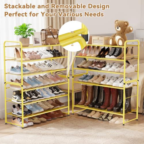 Image of Mesh Shoe Rack, Closet Metal Shoe Organizer Shelf Heavy Duty, Gold | 3-Tier 33 inch Wide Shoe Storage Stackable for Entryway