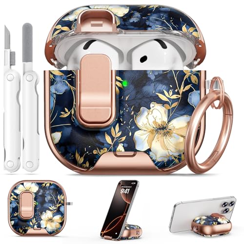 Image of for AirPod 4 Case, with Safty Lock & Phone Stand for Floral AirPod 4 Generation Case Cover for Women Girly, iPod 4 Cases with Keychain & Cleaner Kit -Blue Gold Flower