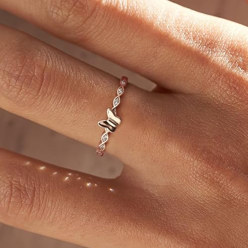Sterling Silver Butterfly Rings for Women Adjustable Promise Rings for Women,Cubic Zirconia Twist Dainty Ring Minimalist Open Finger Rings Rose Gold