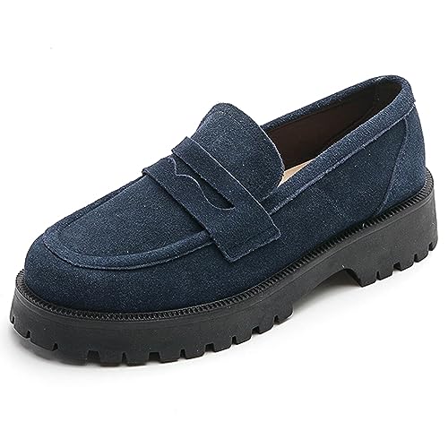 Image of Women's Leather Lug Sole Penny Loafers Classic Round Toe Comfort Slip On Uniform Dress Shoes Casual Fashion Chunky Heel Work Shoes (Blue,7)