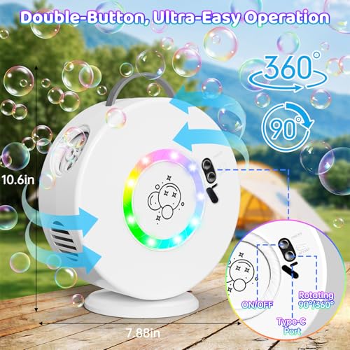 Bubble Machine for Kids Toddlers,90° 360° Auto Rotatable Portable Bubble Maker Toy for 3 4 5 Year Old, Automatic Bubble Blower with RGB Light Rechargeable, Outdoor Wedding Party Birthday Gifts