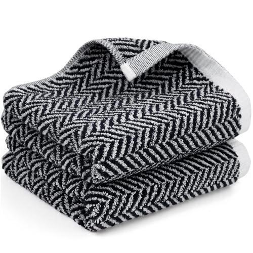 Cleanbear Black Hand Towels for Bathroom 2 Pack Cotton Hand Towels with Herringbone Stripes Soft Absorbent Quick-Dry 14 x 29 Inches Decorative Vintage for Bathroom & Kitchen