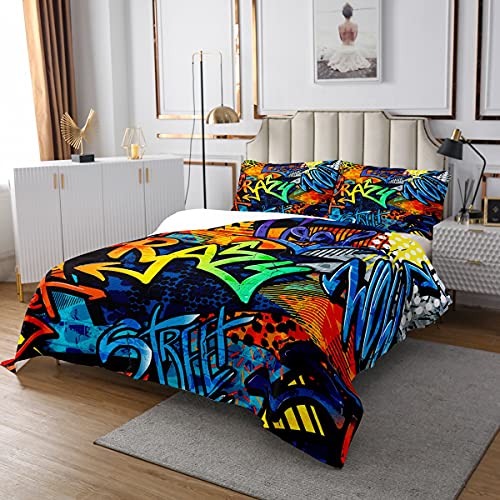 Homewish Graffiti Tagesdecke Hip Hop Bettwäsche Set Bunte Straßenkultur Hippie Bettdecke Set Für Kinder Teen Jungen Mädchen Morden Urban Style Hipster Bettdecke Mit 2 Kissenbezüge 220x240