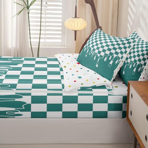 Image of Teal Checkered Full Complete Bedding Set Bed in a Bag,Checkerboard Drip Zipper Comforter Set with Fitted Sheet & Pillowcases Pet Friendly,Y2K Aesthetic Modern Geometric for Kids & Teens Zip Up Blanket
