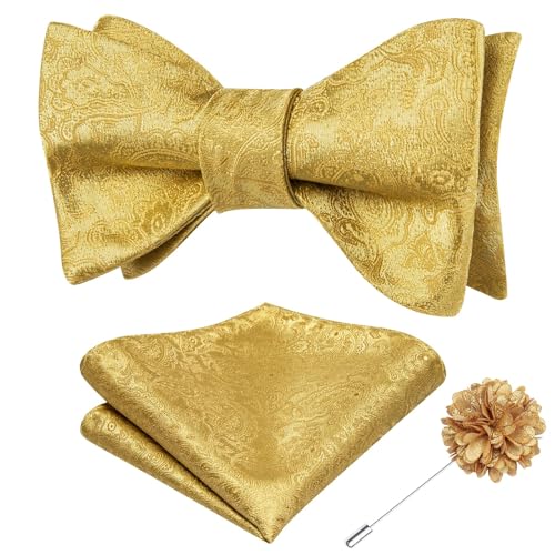 Image of Dubulle Self Tie Bow Ties and Lapel Pin for Men Paisley Solid Mens Bowtie and Handkerchief Cufflinks Set Wedding