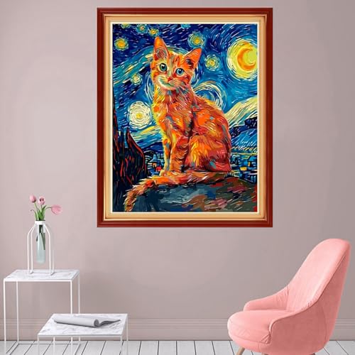 Image of Foxhool Stamped Cross Stitch Kits,11CT Printed Cross Stitch Pattern Full Embroidery Kits for Beginner Needlepoint Kits-Cat Van Gogh Starry Sky 16x20 inch