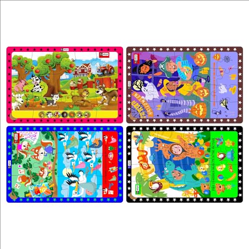 Image of ABYZ Wooden Jigsaw Puzzle - Costume Party, Squirrels & Storks, Farm Animals, Halloween Time Playset for Little Explorers, 63 Pieces - Pack of 4 | Birthday Gift for (3 Plus Years) Age Kids.