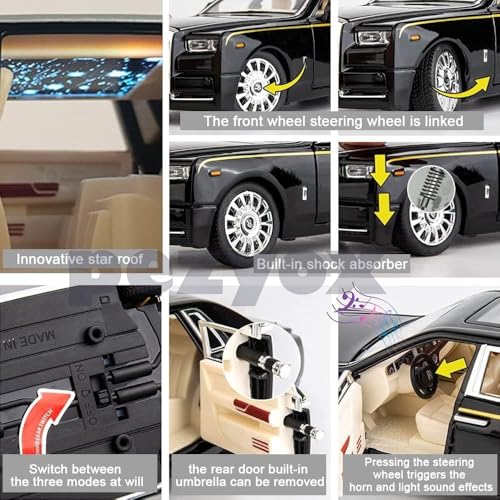 Image of 1 /24 Rolls-Royce Phantom Model Car,Zinc Alloy Pull Back Toy car with Sound and Light for Kids Boy Girl Gift. (Black)