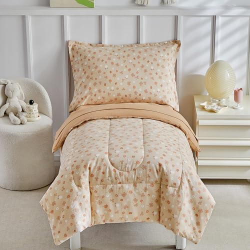Image of DuShow Toddler Bedding Set for Girls and Boys,4 Piece Bed-in-a-Bag Toddler Comforter Sets,Orange Floral Crib Bedding Sheets Set,Include Quilt Comforter,Flat Sheet,Fitted Sheet,Pillowcase