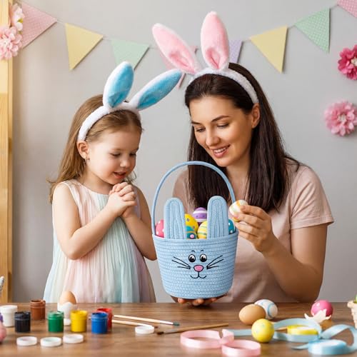 Image of Teenyyou Woven Easter Baskets Woven Bunny Baskets with Handles Eggs Hunt Bucket Rabbit Cotton Rope Basket Baby's First Easter Basket Gift for Toddler Boys Girls(Macaron Blue)