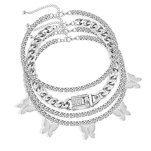 Palotay 4Pcs Anklet For Women Gold Cuban Anklet Set Cuban Link Anklet Layered Cuban Ankle Bracelet Rhinestone Tennis Anklet Charm Butterfly Anklets Cuban Link Summer Jewelry Gifts For Girls-4Pcssilver #TOP12