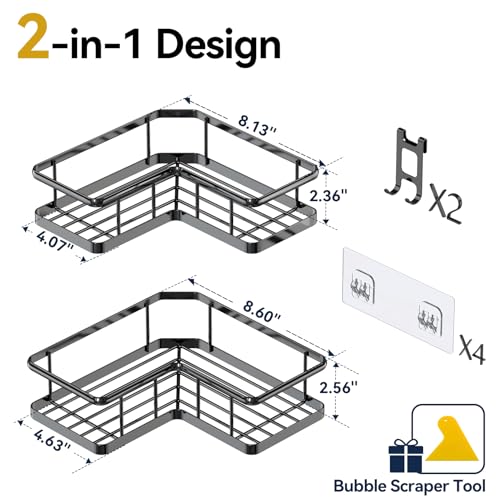 Image of YASONIC Corner Shower Caddy Adhesive, 100% Rustproof Shower Organizer, No Drill Shower Shelf for Inside Shower, Wall-Mounted Shower Storage for Homes (2 Pack, Black)