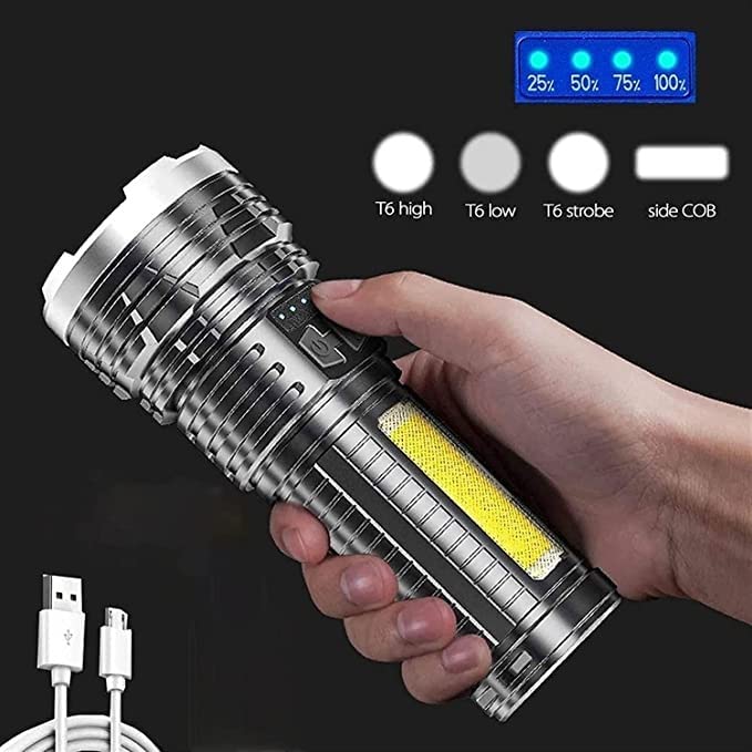 Linterna de Mano LED, Linterna de Alto Lumen Recargable por USB con luz Lateral COB, Resistente al Agua IPX6, 4 Modos de iluminación, luz de antorcha con Zoom for Acampar