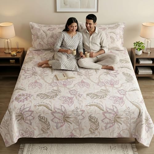Image of Mafatlal 186 TC Metro Cotton Double Bedsheet | 90 x 100 Inch | Soft Daily Use Bedding with 2 Pillow Covers | Printed Cotton Bedsheet | Peach Blossom