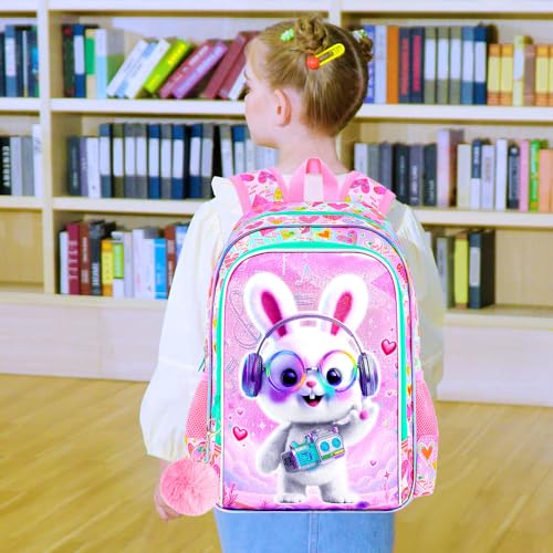 Image of AGSDON 3PCS Backpack for Girls, 16 inch Little Kids Rabbit Preschool Bookbag, Elementary Backpacks and Lunch Box - Purple
