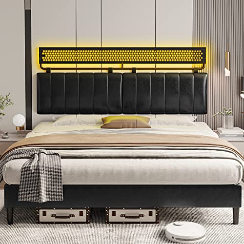 DICTAC King Bed Frame with LED Lights and Wall Mounted Headboard King Size LED Platform Bed Frame with DIY Metal Pegboard and Adjustable Upholstered Headboard,Faux Leather,No Box Spring Needed,Black