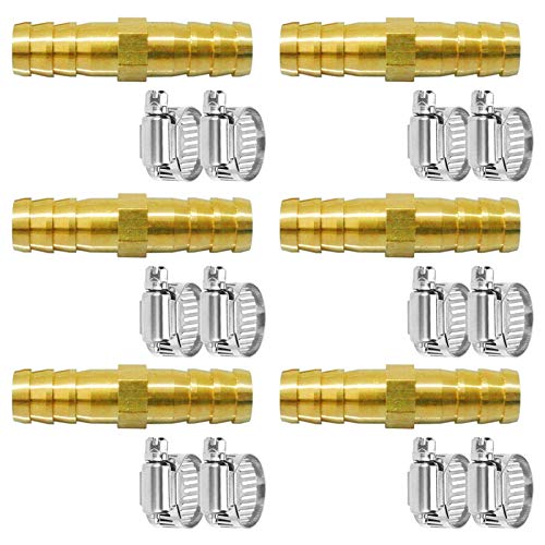 Da by 6 pcs 3/8\"(10mm) Barb Splicer Mender Hose Brass Barb Fitting with 12 pcs Stainless Steel Pipe Clamps for Water/Fuel/Air
