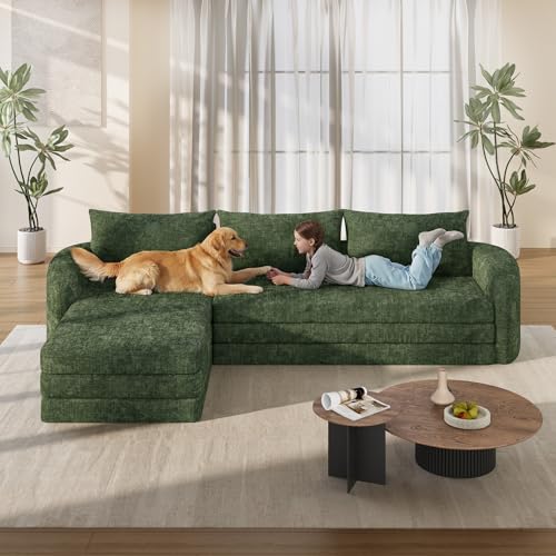 Image of Vesgantti 6 in 1 Convertible Folding Sleeper Sofa Bed, No Assembly, Green | 110.2 inch L Shaped Modular Sectional Sofa, Curved Armrest, Deep Seat Boneless Couches for Living Room, Chenille, Left Facing
