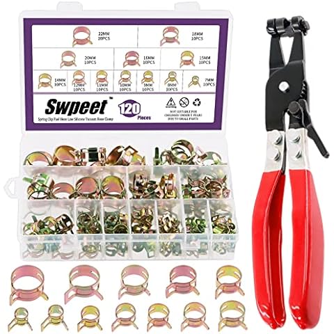 Swpeet 121Pcs 7-22mm Spring Band Hose Clamps with Swivel Flat Band Fuel Hose Clamp Plier Assortment Kit, Silicone Vacuum Hose Action Pipe Clamp Low Pressure Air Clip Clamp for Hose Clamps Cover