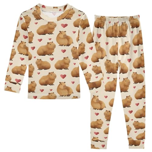 ALAZA Brown Capybara Love Heart 2 Piece Pajama Set Long Sleeve Top and Pants Sleepwear Unisex