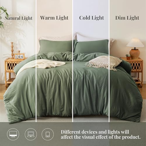 Image of MILDLY Duvet Cover Twin Ultra Soft Comforter Cover Set 2pcs, Olive Green | Washed Microfiber Cotton-Like, Breathable Comfort, Hidden Zipper, 8 Corner Ties, OEKO-TEX Certified, Fade Resistant