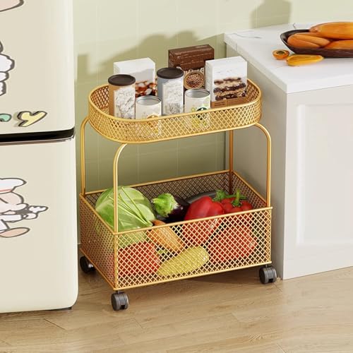 Carrito Auxiliar con Ruedas, Carrito de Almacenamiento Cocina, Organizador de Metal y Acero, para baño, Sala de Estar y balcón(Gold)