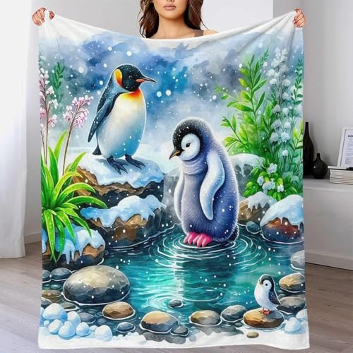 Plaid pingouin impression 3D en microfibre douillette jeté de canapé chaud 100x130cm - 6