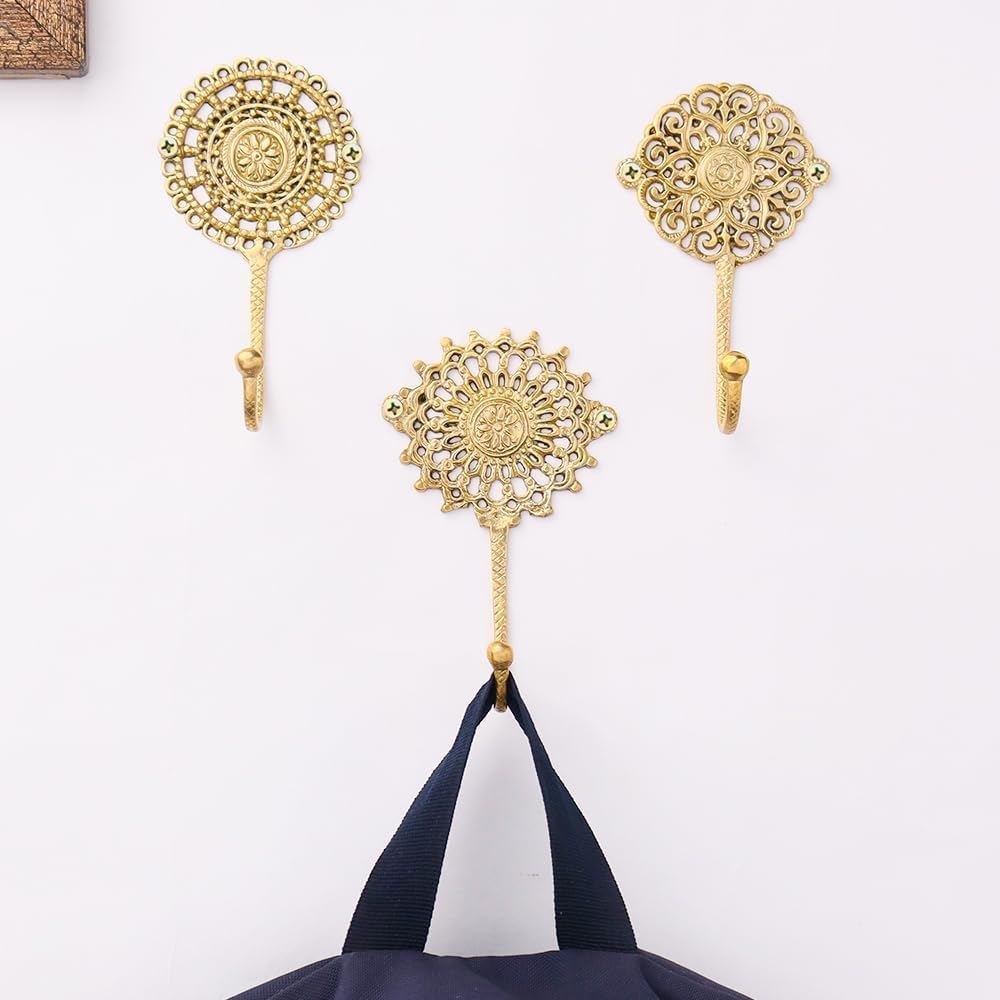 IndianShelf 3 Handmade Boho Brass Decorative Wall Hooks, Vintage Unique Gold Hooks for Hanging Keys, Towels, Bags, Coats- Shabby Chic Wall Mounted Coat Rack for Home Décor Entryway Bedroom Living Room - Image 6