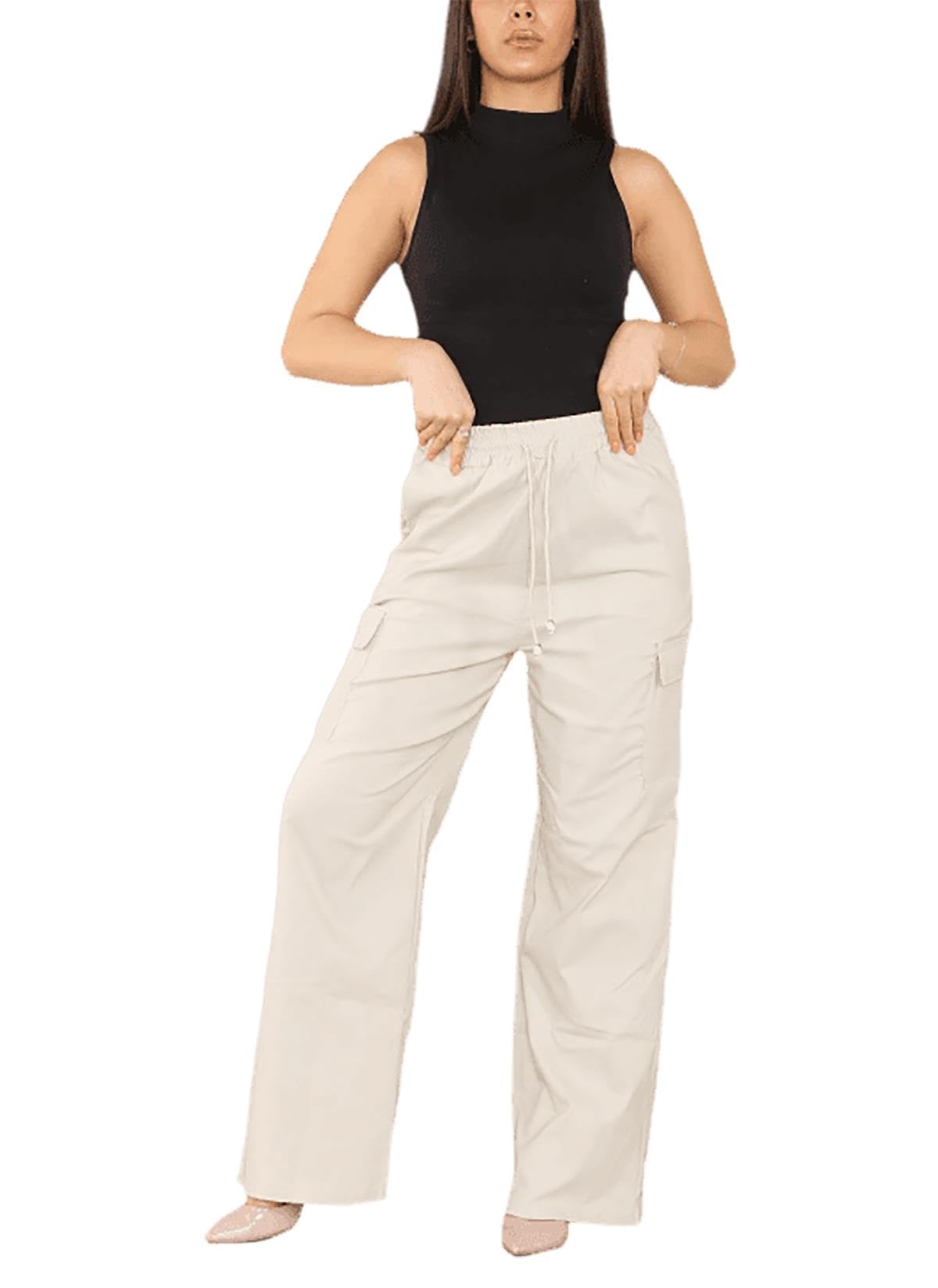 MA Online Ladies Plain Wide Leg Combat Trousers Womens Multi Pocket Drawstring Work Pants
