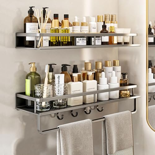 devesanter Mensola per doccia senza foratura, 2 pezzi, 40 cm, in acciaio inox, per bagno, shampoo, con portasciugamani e 4 ganci per camera da letto, soggiorno, cucina, bagno, organizzatore (grigio