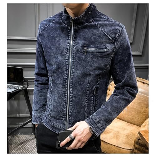 Maiyifu-GJ Men's Slim Fit Zipper Warm Moto Trucker Coat Winter Stand Collar Distressed Jean Jacket Fleece Lined Denim Jacket (Dark BlueB1,Medium)4