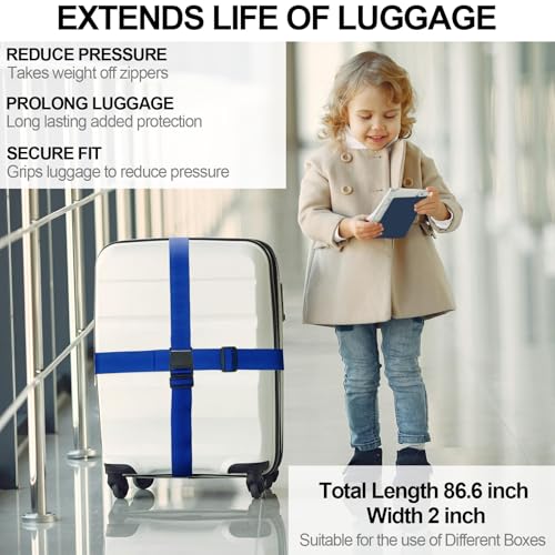 Image of Luggage Strap and Tag Set (4 Pack 2 Tags 2 Climbing Buckles) Keeps Cargo Safe with Adjustable Travel Packing Strap with A Packing Width of 2 Inches and A Length of 86.6 Inches (Blue)