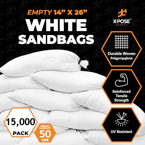 Image of Xpose Safety Heavy Duty Sand Bags with Tie Strings - Empty Woven Polypropylene Sandbags for Hurricane Flood Protection, 50 lb Capacity, 14 inch x 26 inch, White, Bulk Full Pallet Pack of 15000