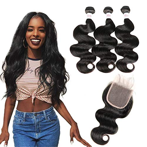 Brazilian Body Wave Human Virgin Remy Hair 3 Bundles With Closure 8A 100% Unprocessed Human Hair Weave Weft with Lace Closure(10 12 14 with 8 Free Part,Natural Color）