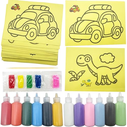 JMZLLRX 32 Paquetes de Tarjetas de Pintura de Arena Art, 12 Botellas de Arena de Colores con 20 Hojas de Arena Arte Pintura Tarjetas Set, DIY Arena Artes y Manualidades Kit para Dibujar, Pintar
